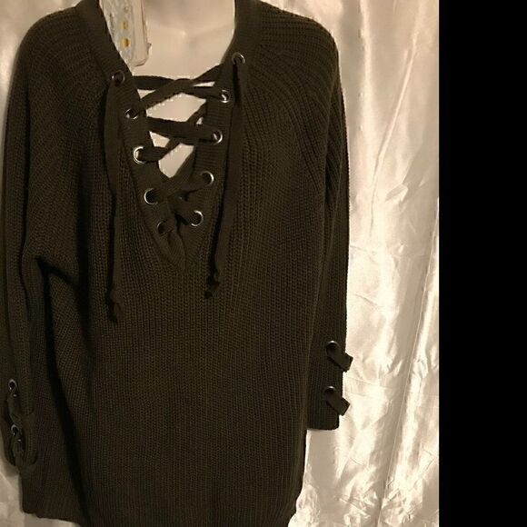 Military Hippe Lace Up V-neck Neck Green Knit Sweater one size - Picture 7 of 14